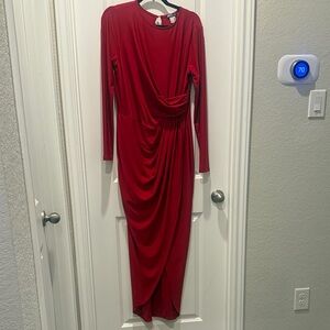 VENUS Red Long Sleeve Draped Dress
